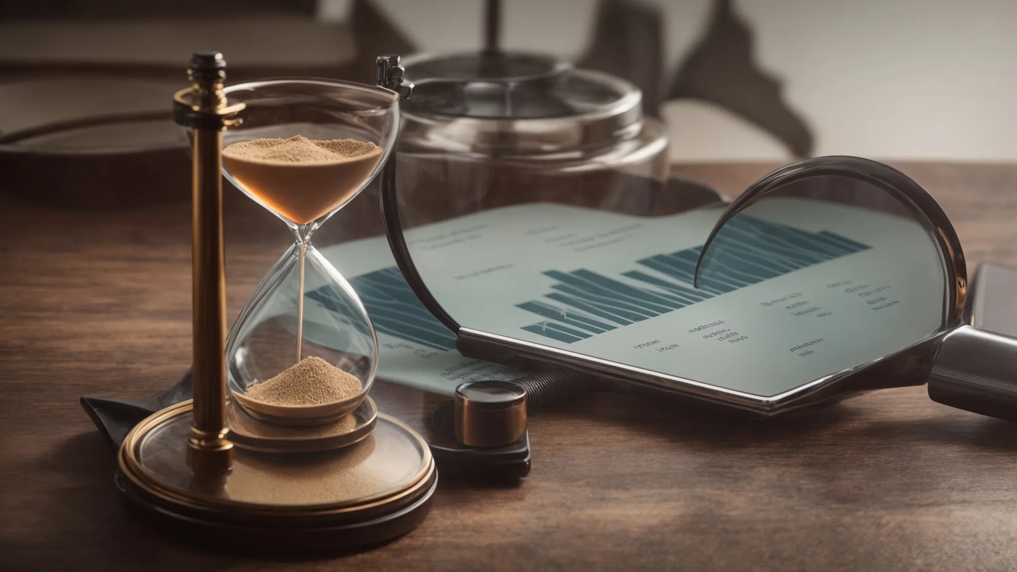 an hourglass beside a magnifying glass and a digital device displaying a rising graph to symbolize the measurement and optimization of seo over time.