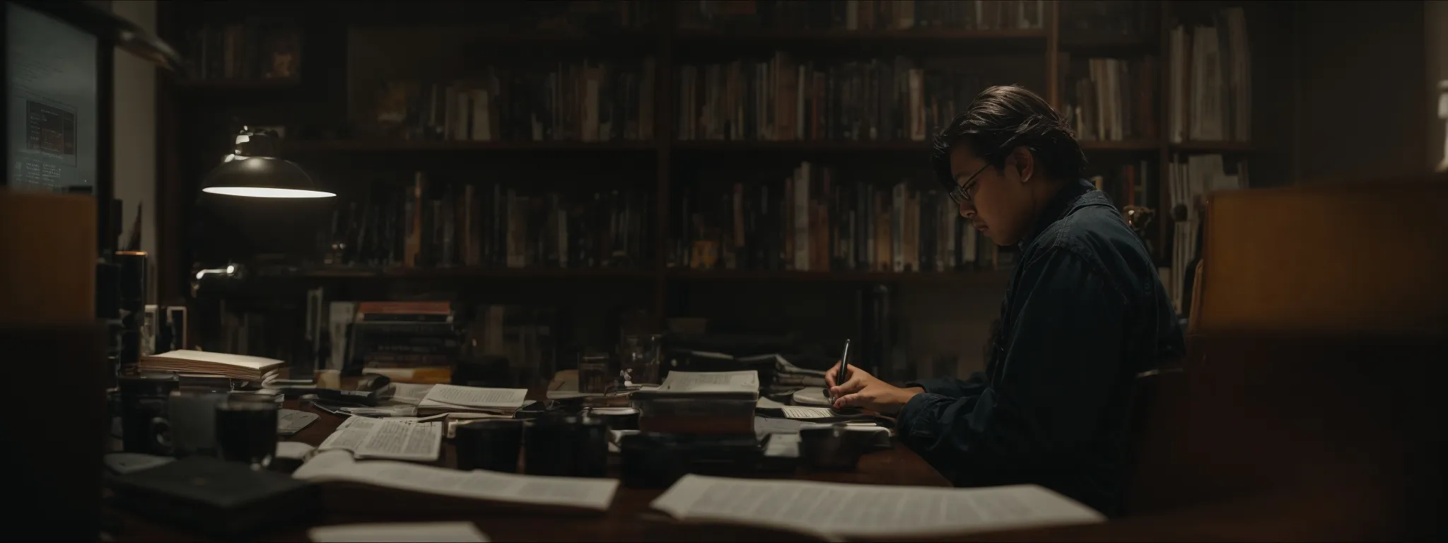 a person works intently at a computer, surrounded by books and notes on seo practices.