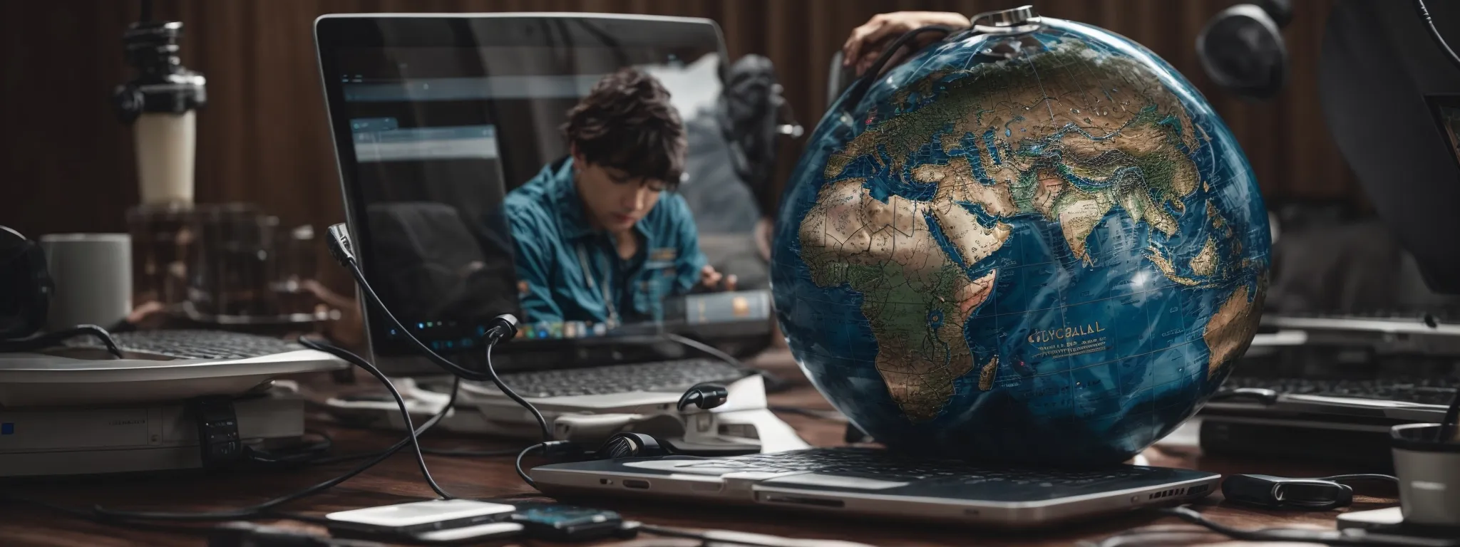 a globe surrounded by various tech devices like smartphones and laptops, illustrating a connected digital world focused on seo strategies.