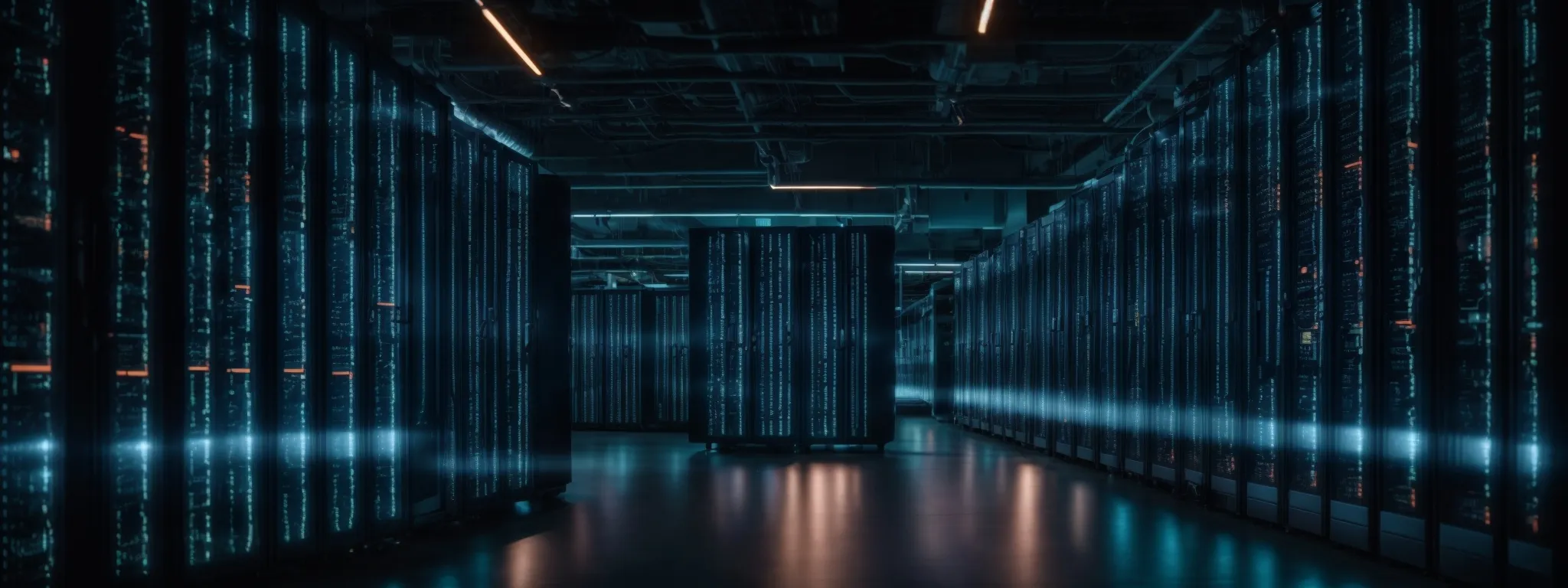 rows of servers in a data center with glowing lights indicating network activity and processing power for advanced data analysis.