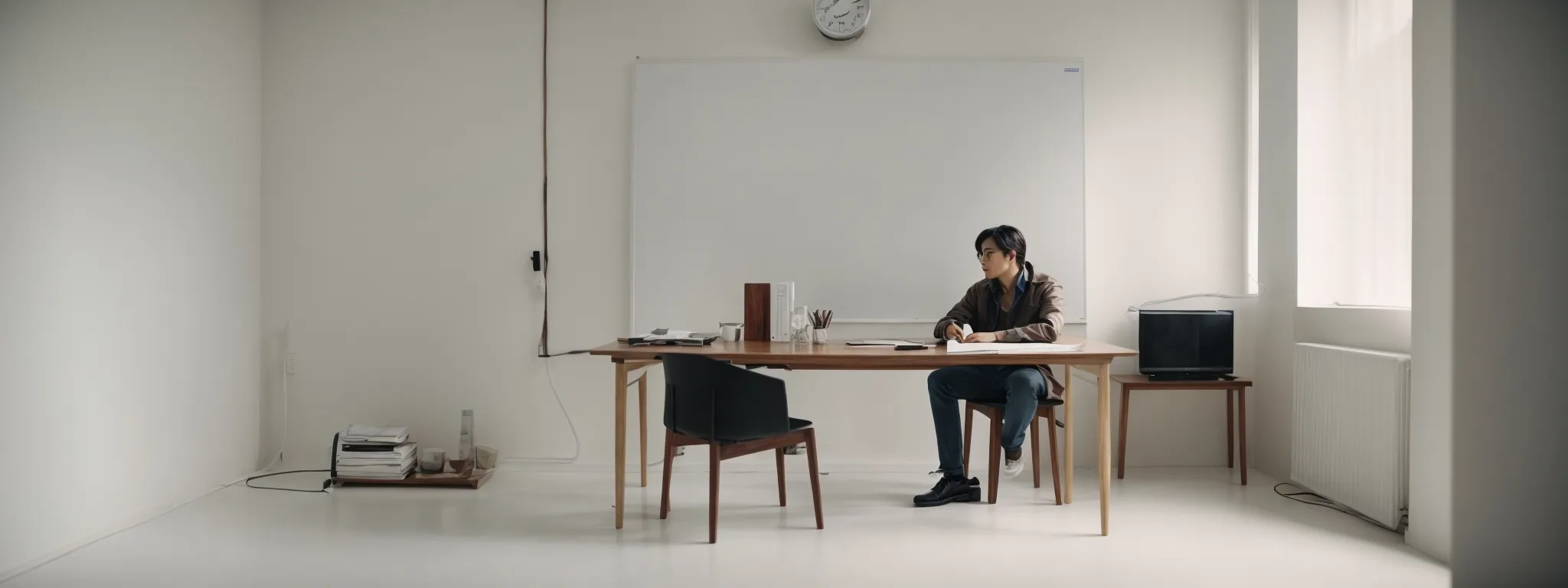 a writer sits at a minimalist desk facing a blank whiteboard in a well-lit room.