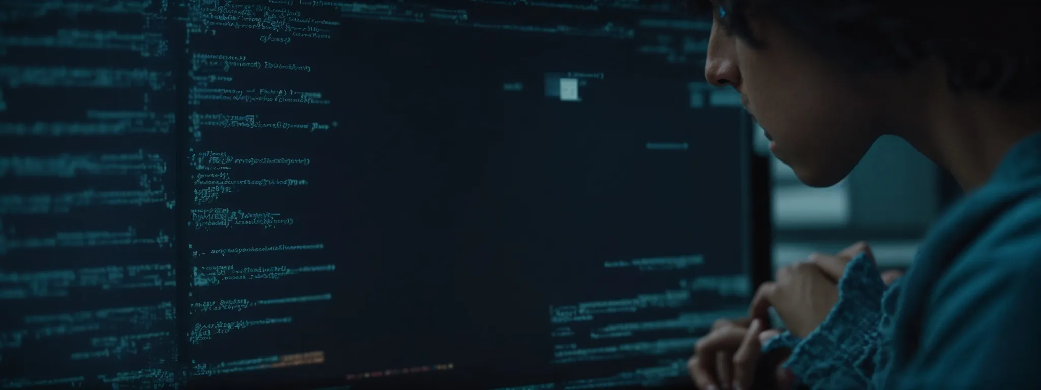 a web developer intently scrutinizes code on a computer screen, symbolizing the intricate work of optimizing multiple websites for search engines.