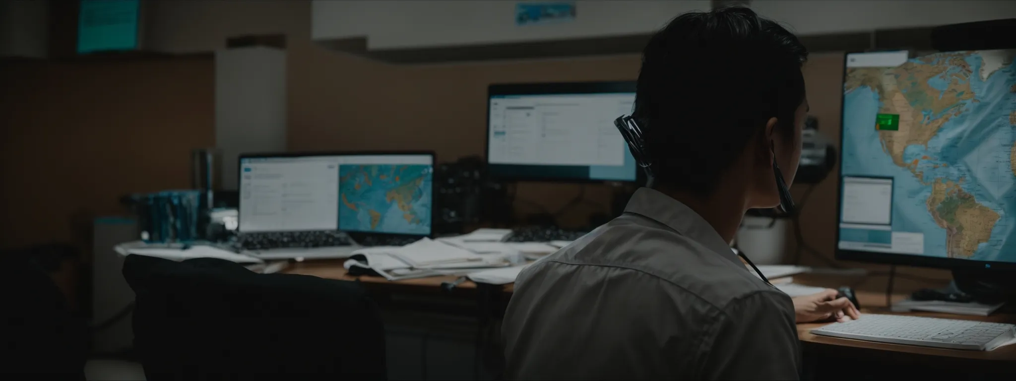 a person seated at a computer with multiple world maps and language reference books open.