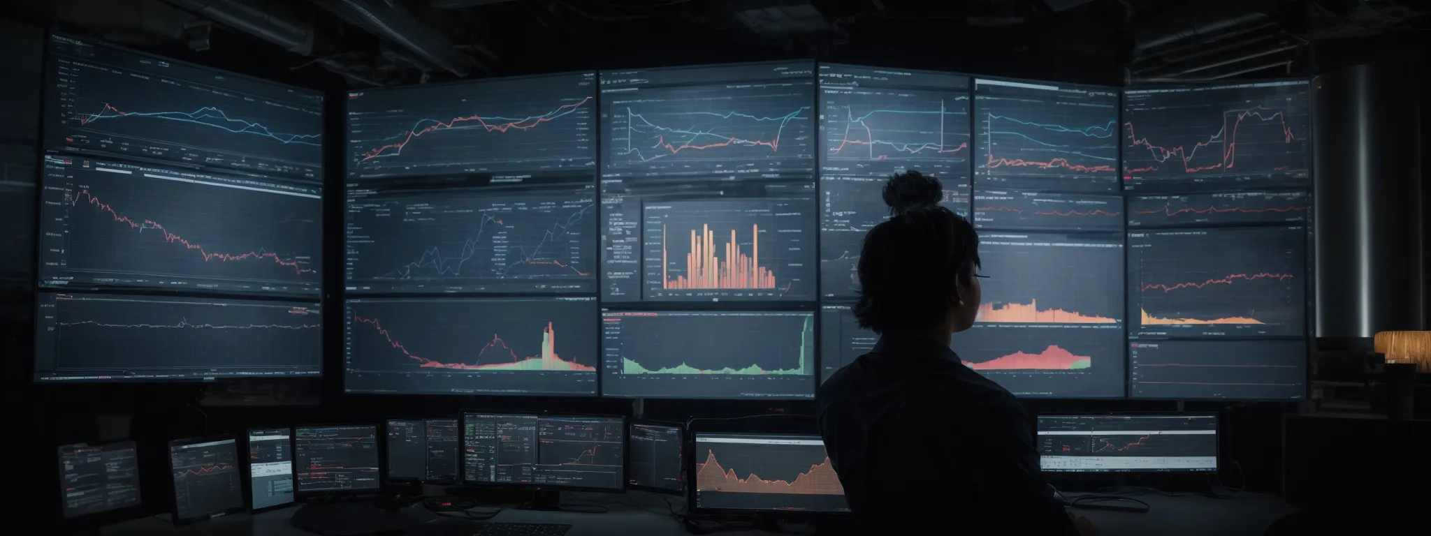 a person analyzing graphs and charts on a large screen displaying website traffic analytics.