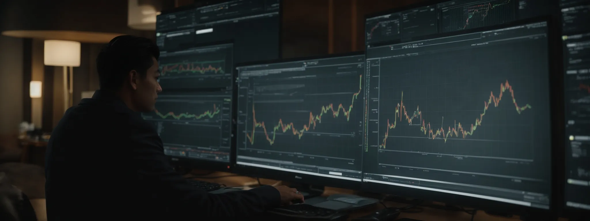 a marketer analyzing dynamic graphs on a screen showing search engine rankings.