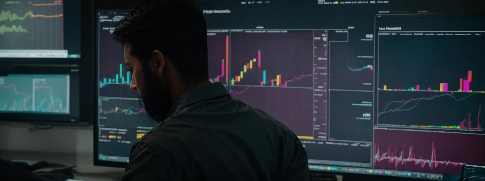 a marketer scrutinizes colorful graphs and charts on a computer screen, reflecting the performance of image ads.