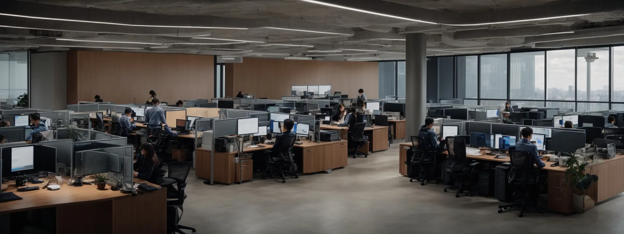 a panoramic view of a modern office with employees working on computers, analyzing data on large monitors.