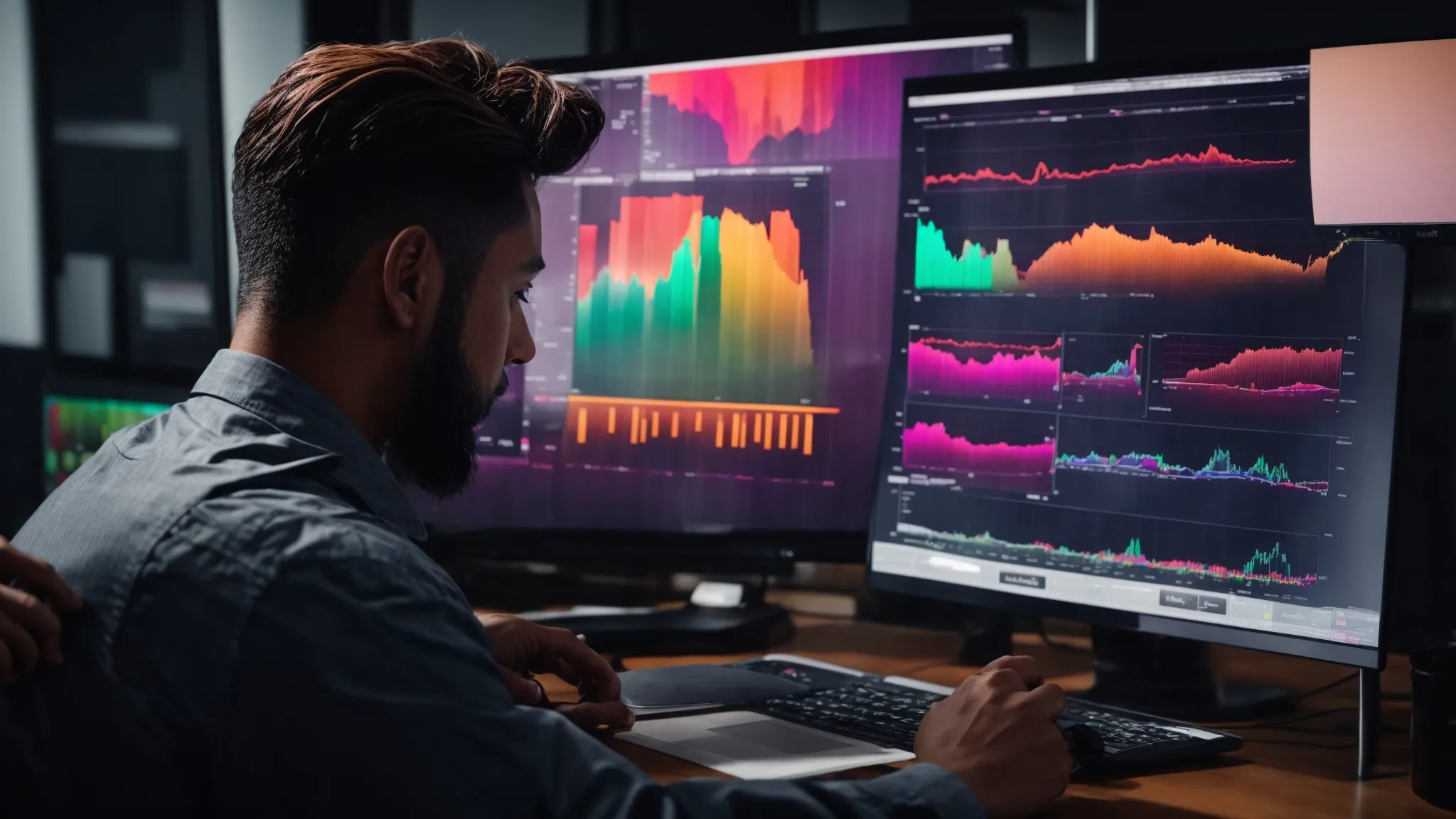 a marketer reviews colorful graphs and charts on a computer screen, strategizing content development.