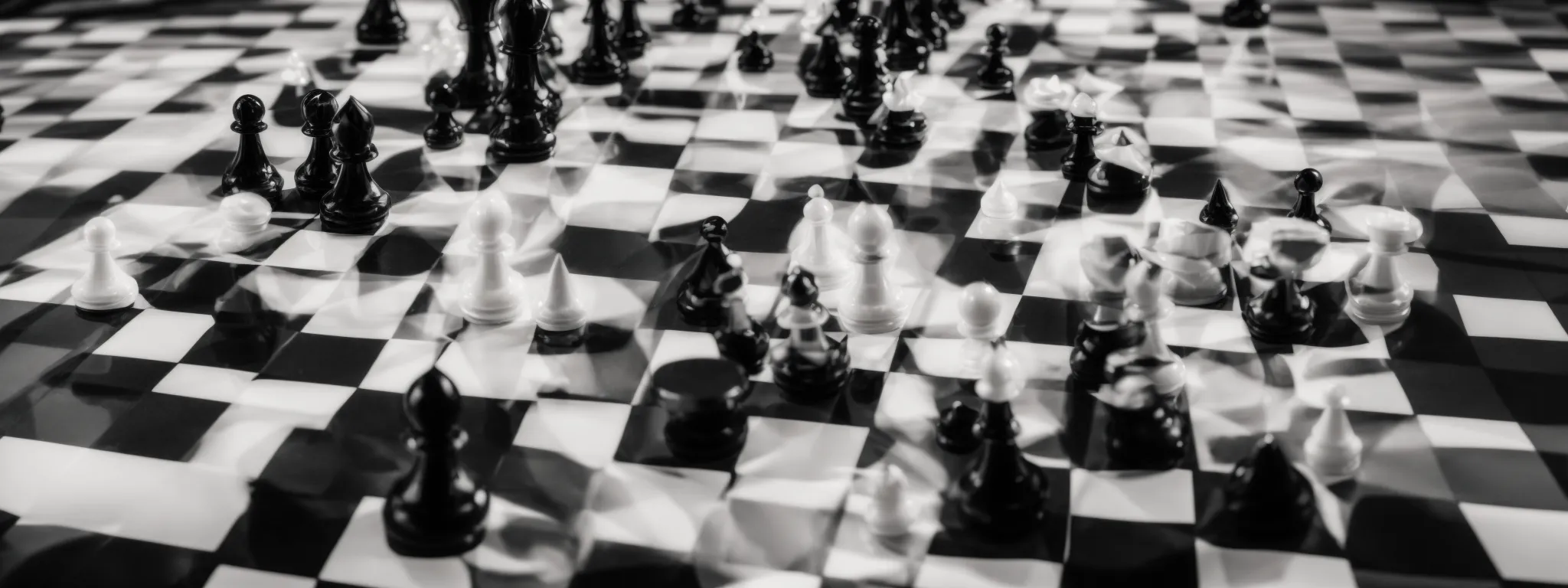 a chessboard with a gradient of pieces changing from white to black, symbolizing the spectrum of seo tactics from white to black hat with shades of gray in-between.