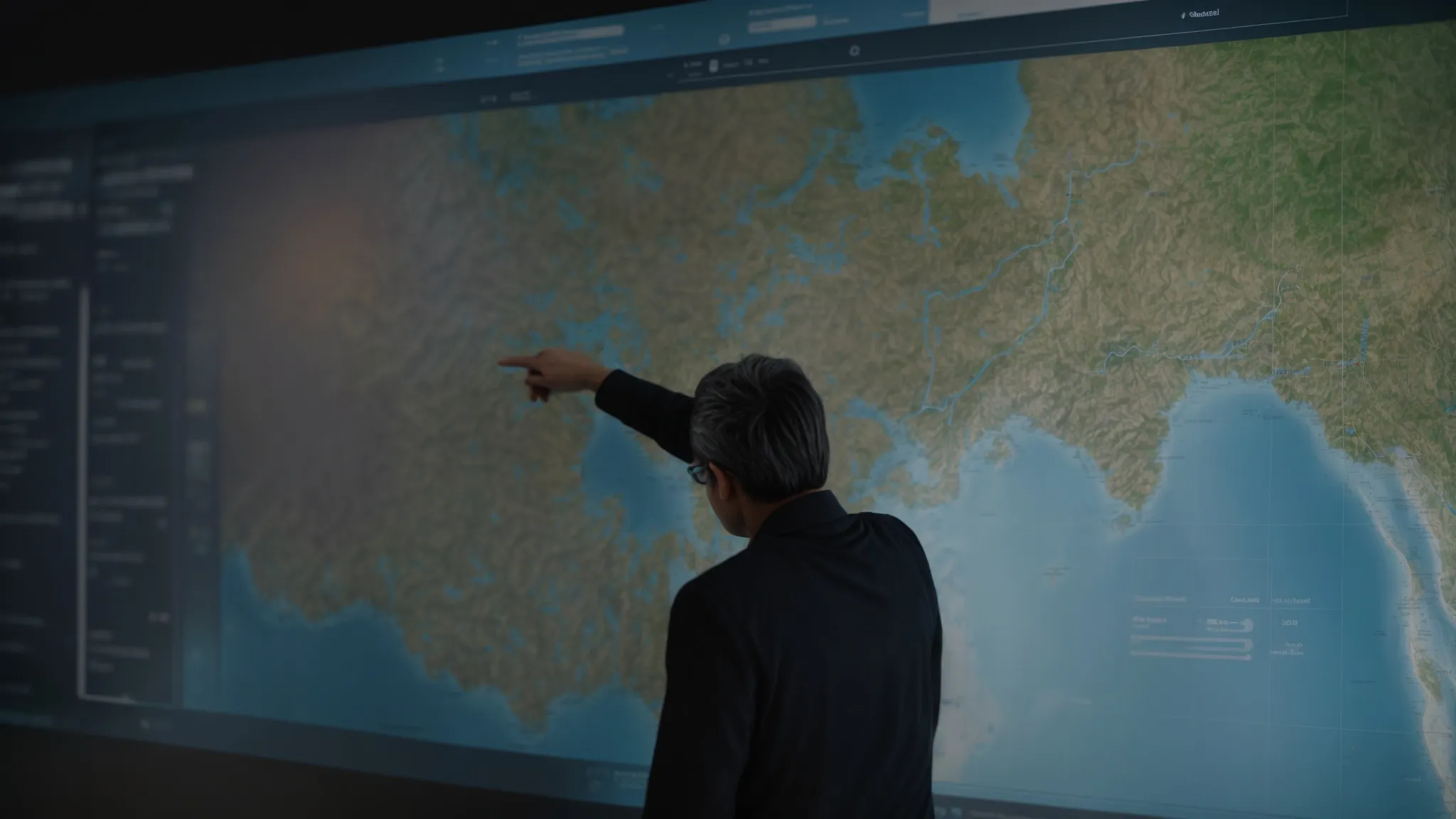 a local business owner examines a large digital map on a touchscreen interface, pinpointing areas for seo improvement.