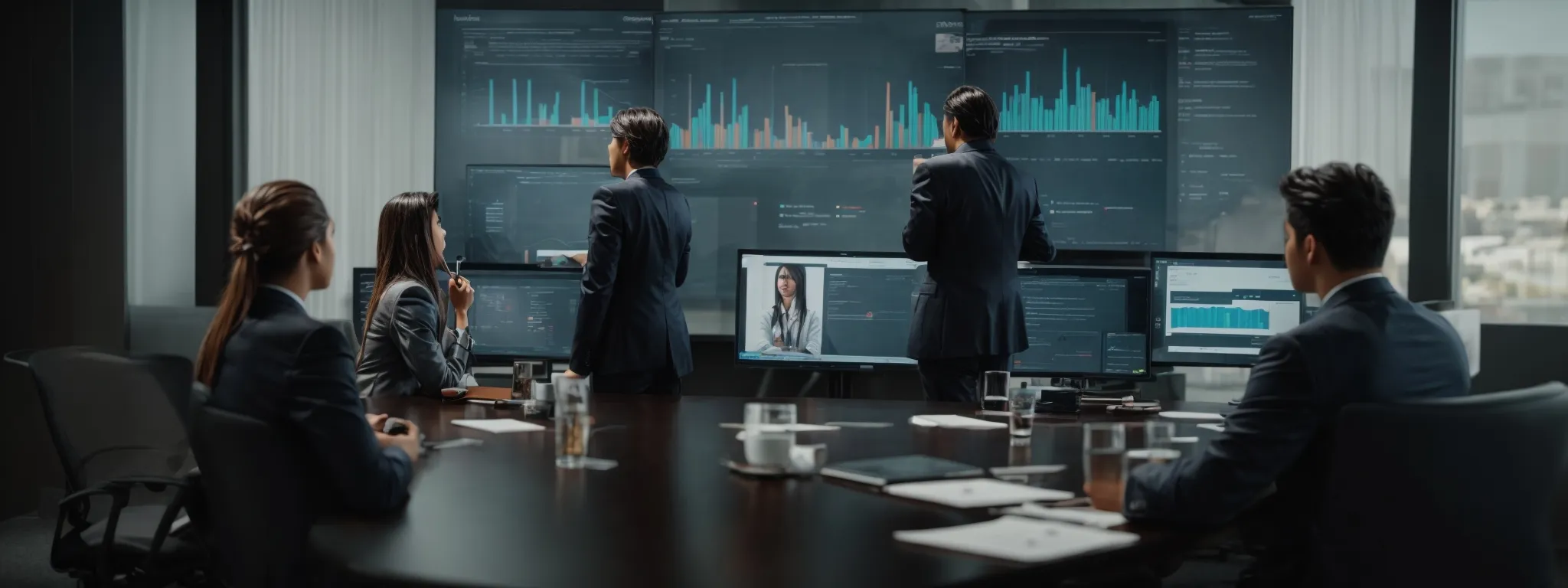 a group of attentive professionals gathers around a conference table focused on a presentation with a large screen displaying website analytics.