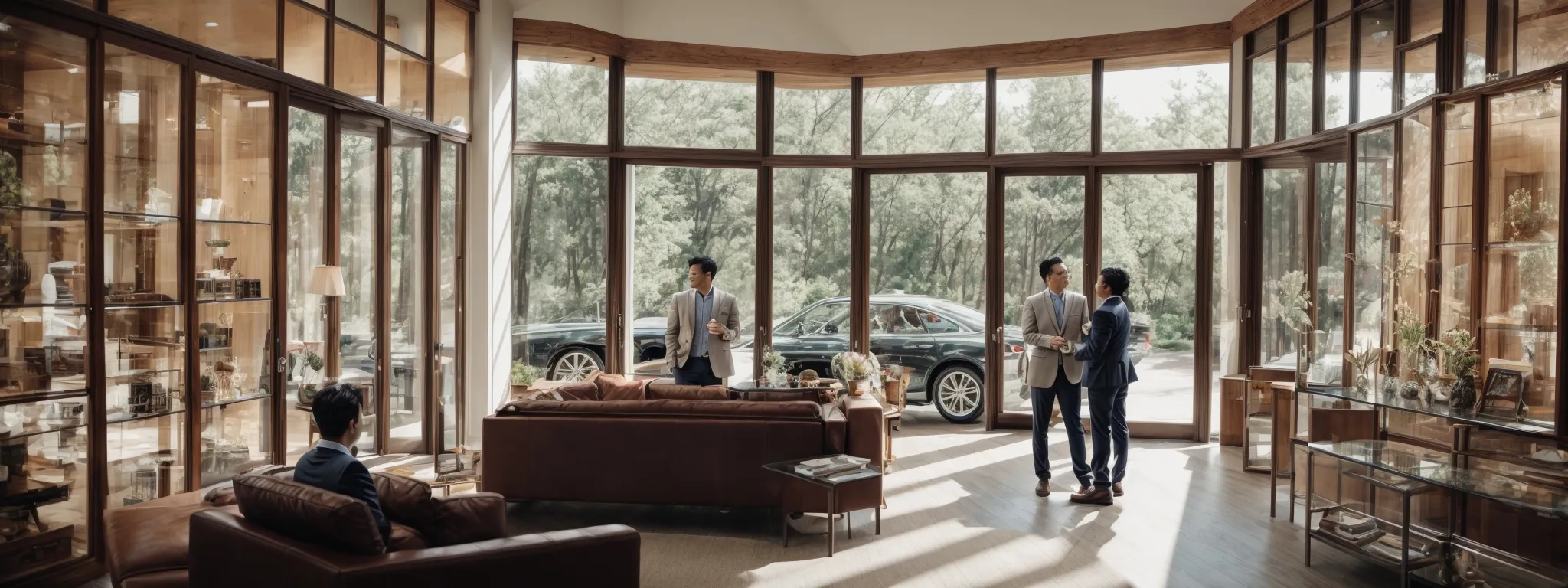 a homeowner consults with a professional in a showroom full of various window door models.