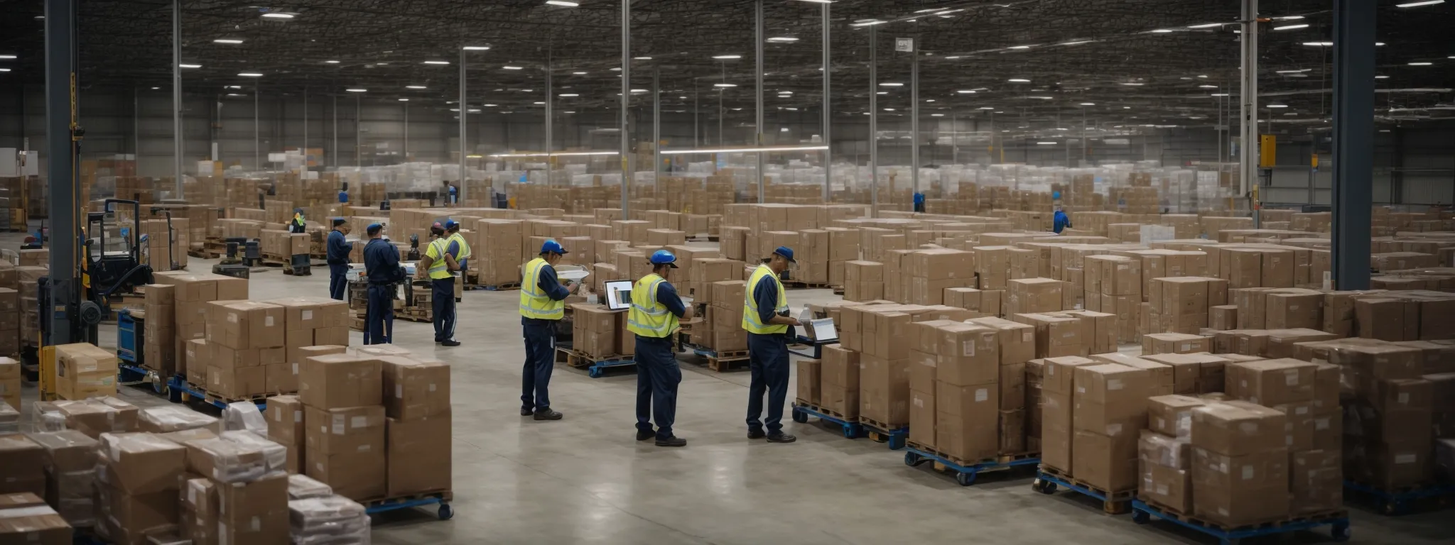 a bustling warehouse with workers scanning barcodes on boxes to update an online inventory system.