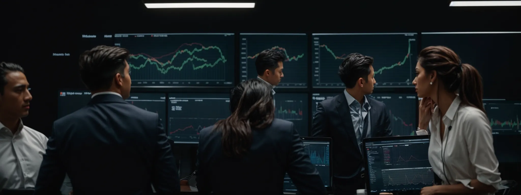 a businessperson points to a screen displaying graphs and analytics while discussing strategies with a team.