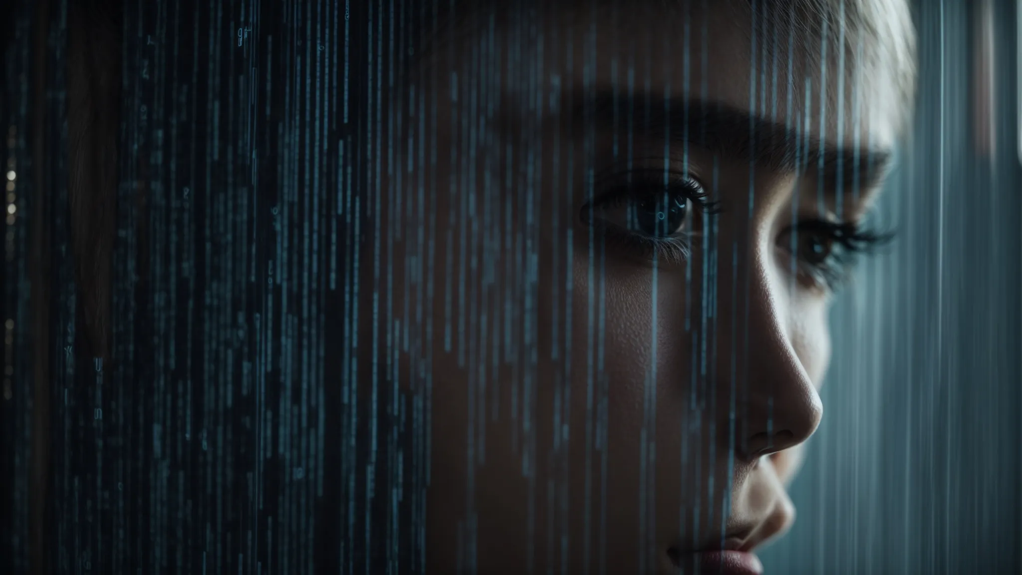 a person looking intently at a computer screen, with lines of code reflected on their face.