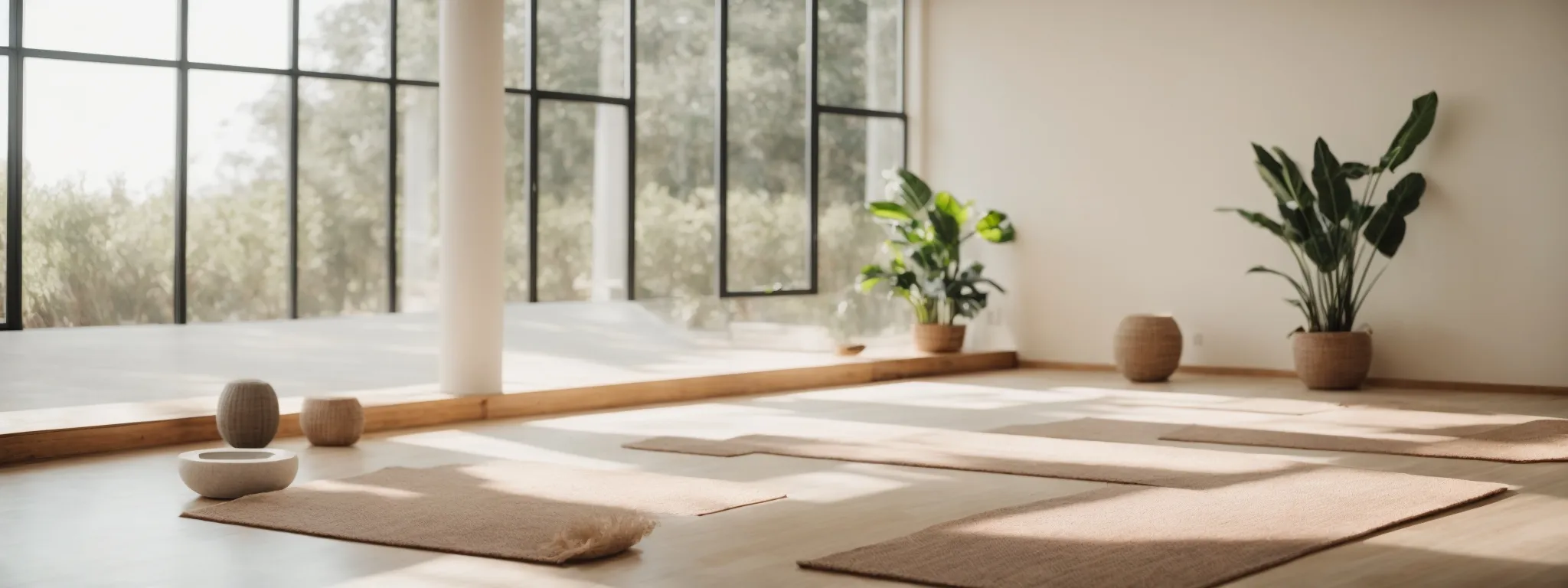 a serene yoga studio filled with natural light and minimalist decor, inviting calm and focus.