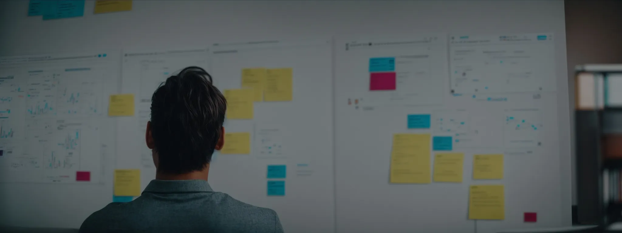 a person sitting at a computer with analytics on the screen, immersed in strategizing next to a whiteboard filled with seo-related notes.