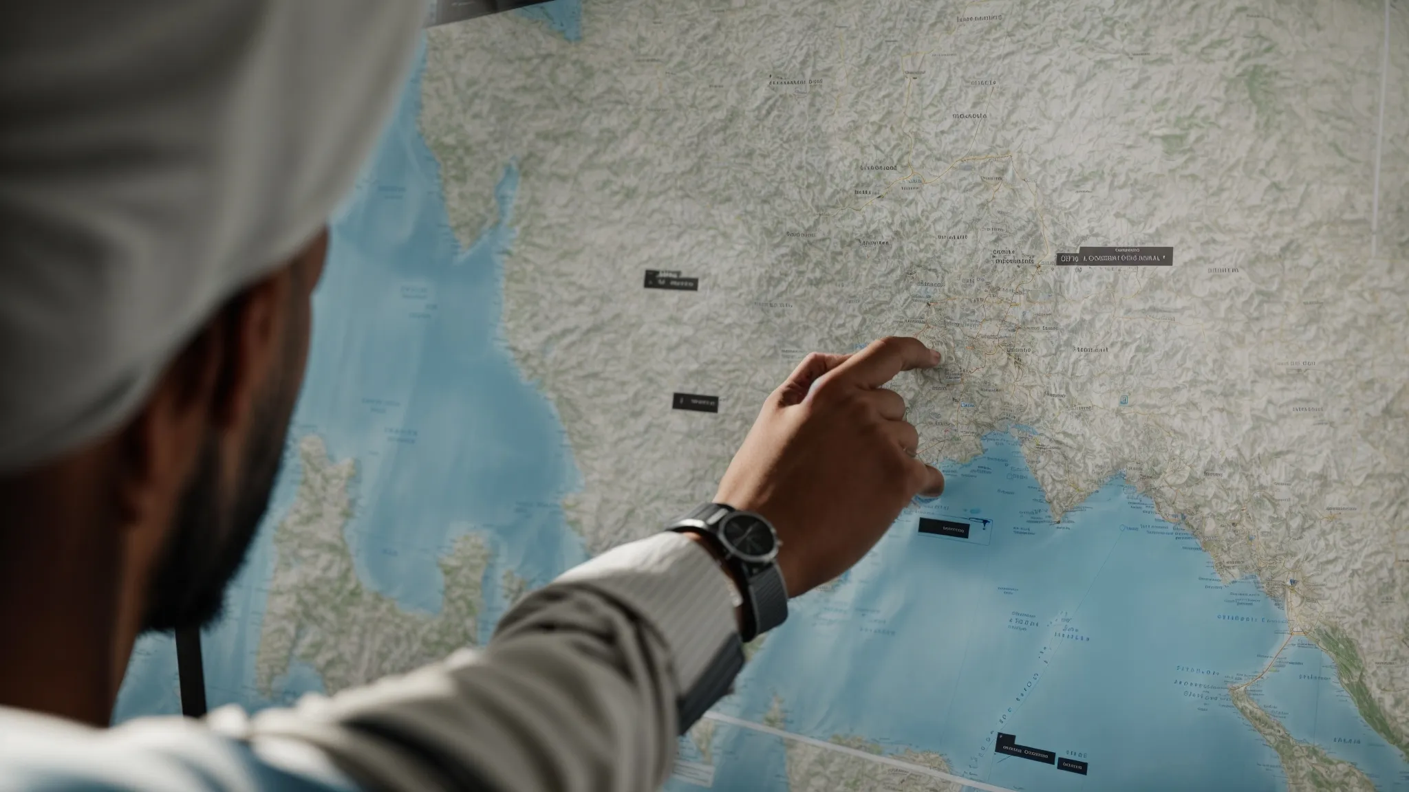 a person analyzing a local area map on a digital screen with various geographical markers highlighted.