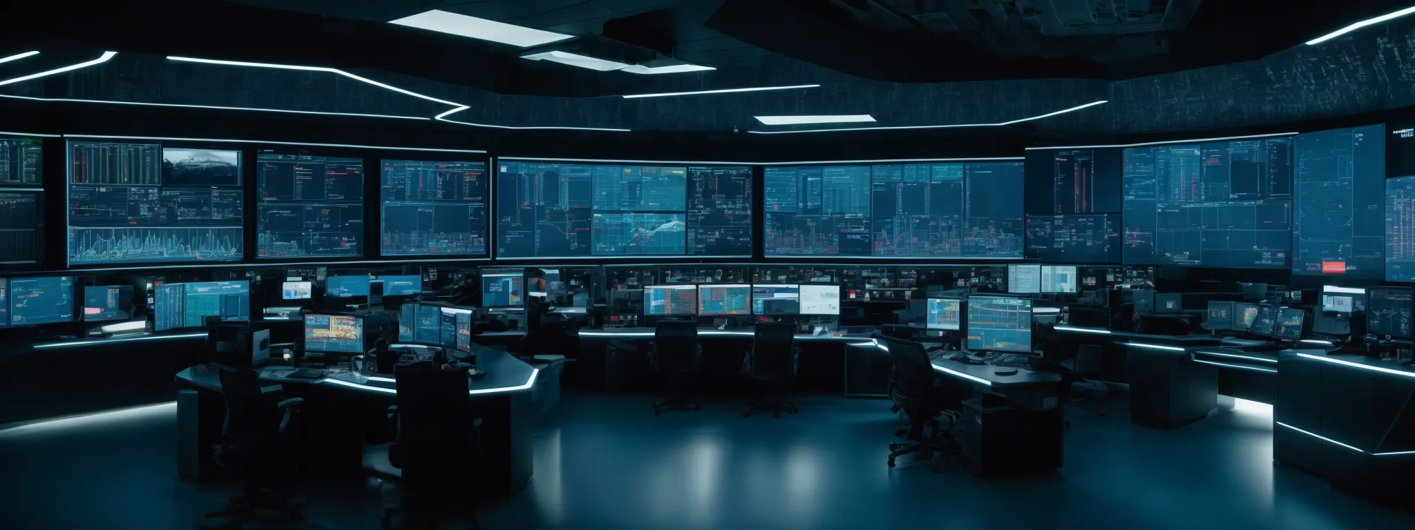 a futuristic control room with screens displaying data analytics and a central ai interface coordinating search engine strategies.