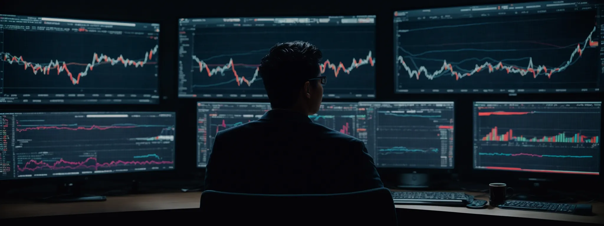 a person sits before a computer screen displaying vibrant graphs and analytic dashboards, symbolizing the scrutiny of seo performance metrics.