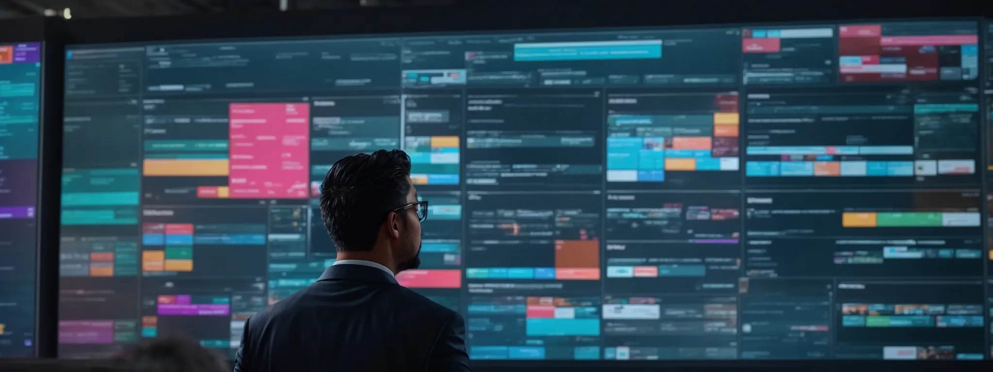 a marketer strategizing with a vibrant display of trending hashtags on a digital screen.