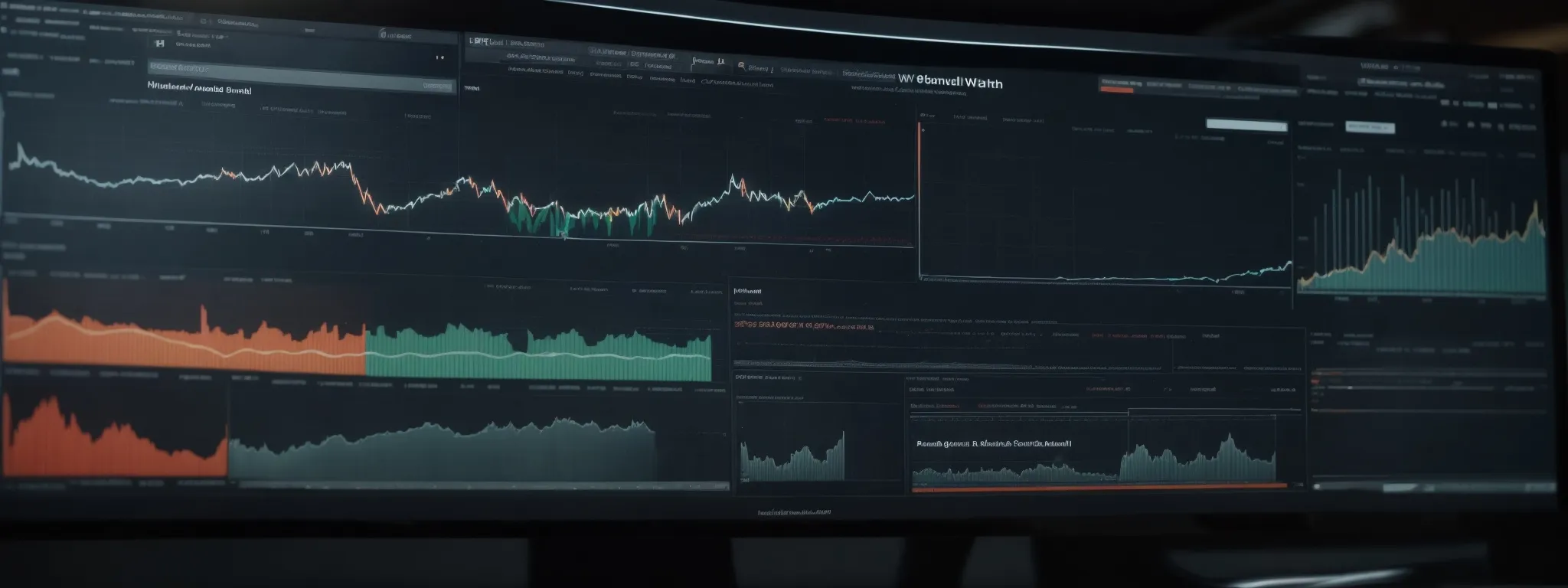 a panoramic view of a computer screen displaying a website's analytics dashboard with upward trending graphs.