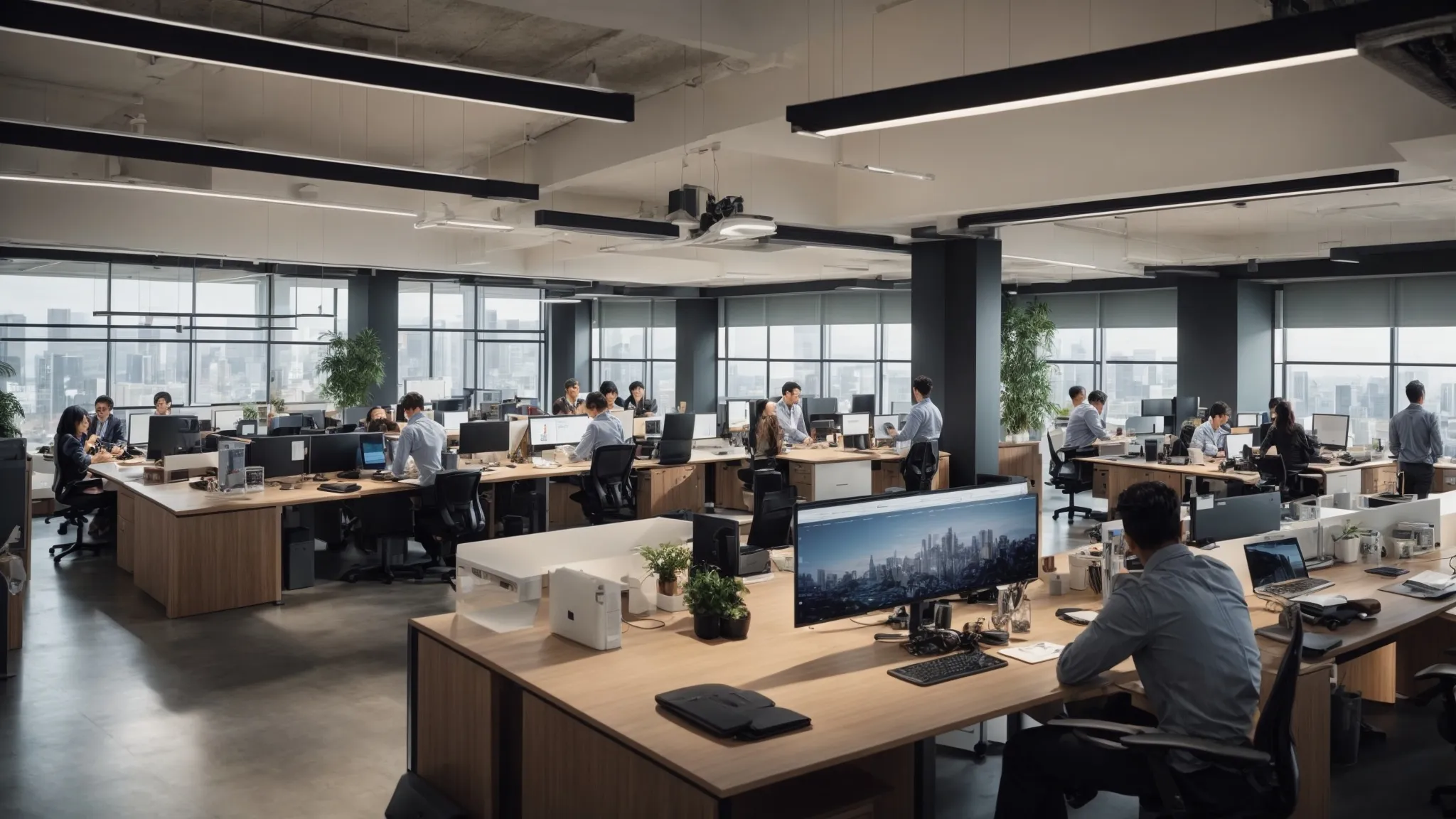 a panoramic view of a bustling open-plan office with diverse marketing professionals strategizing around digital displays.