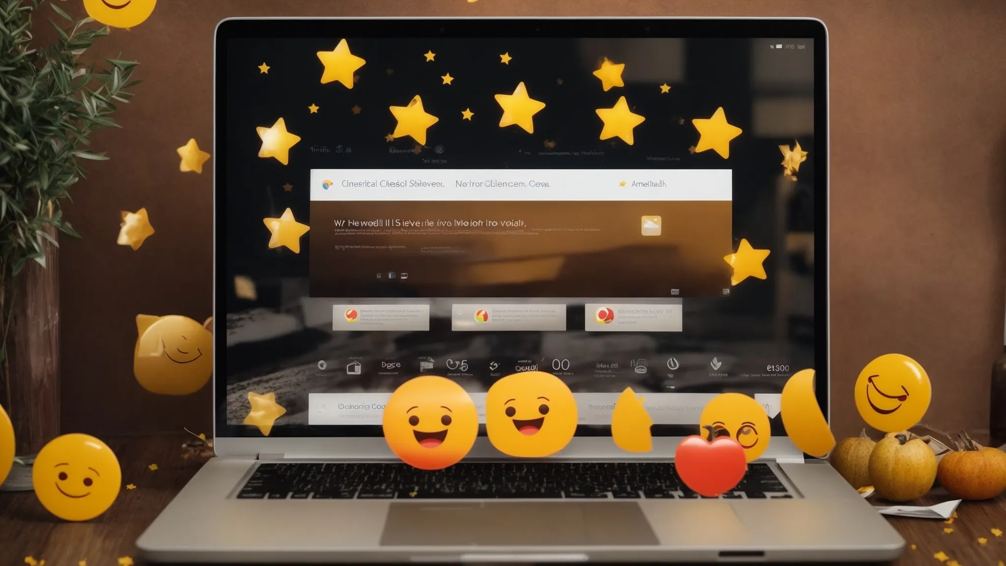 a laptop open to a five-star review page is surrounded by positive emojis and a thumbs-up symbol floating above the screen.