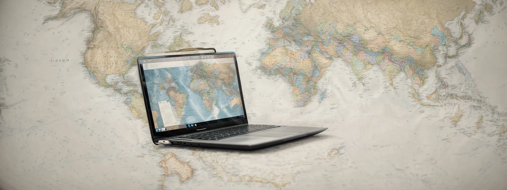 a laptop with a world map and connecting lines symbolizing a global network.