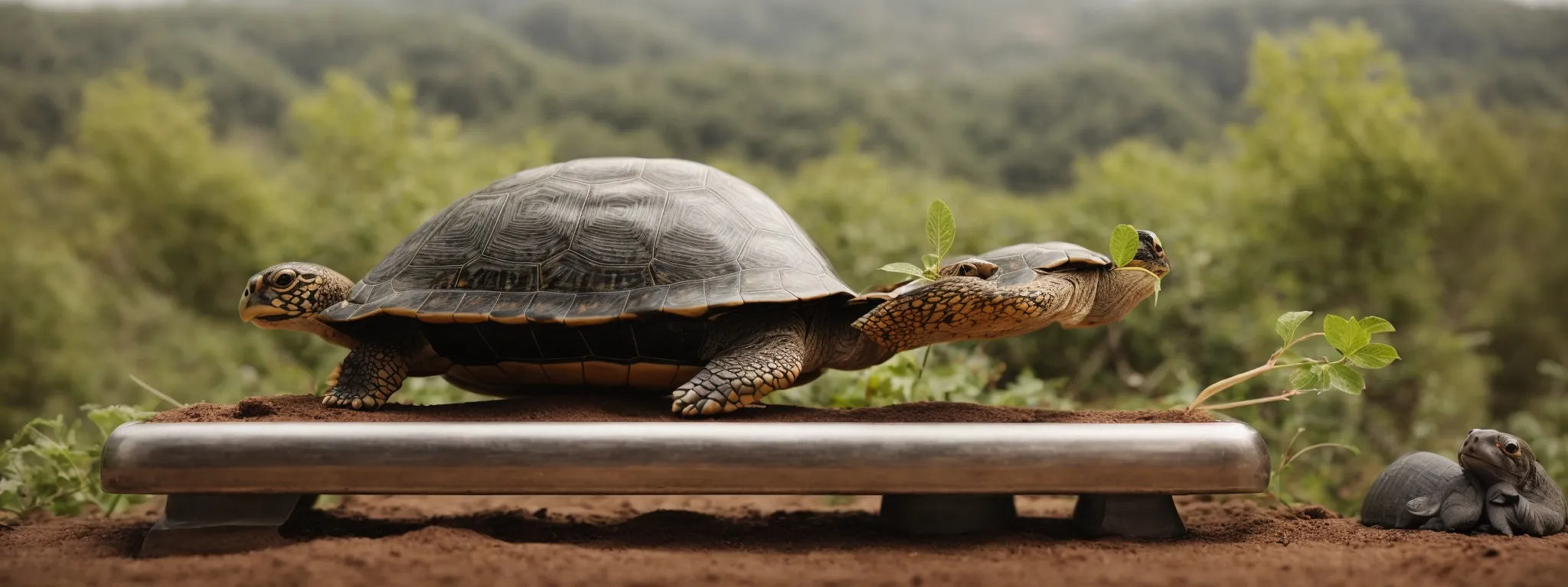 a balanced scale with a turtle representing seo on one side and a hare symbolizing paid ads on the other, illustrating the strategic decision between long-term growth and quick results.