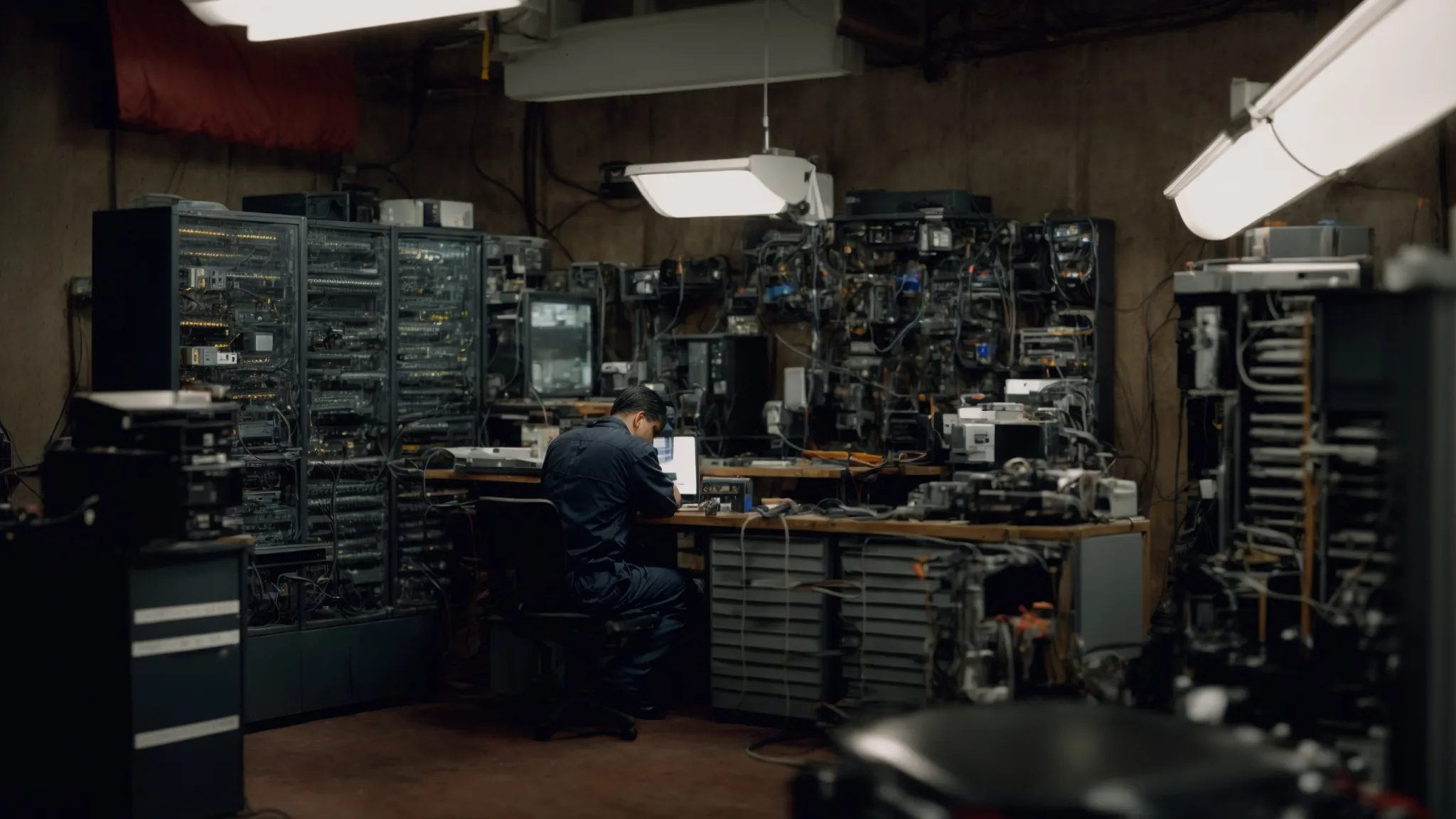 a technician works diligently in an organized, clean repair shop surrounded by diverse computer components and diagnostic equipment.