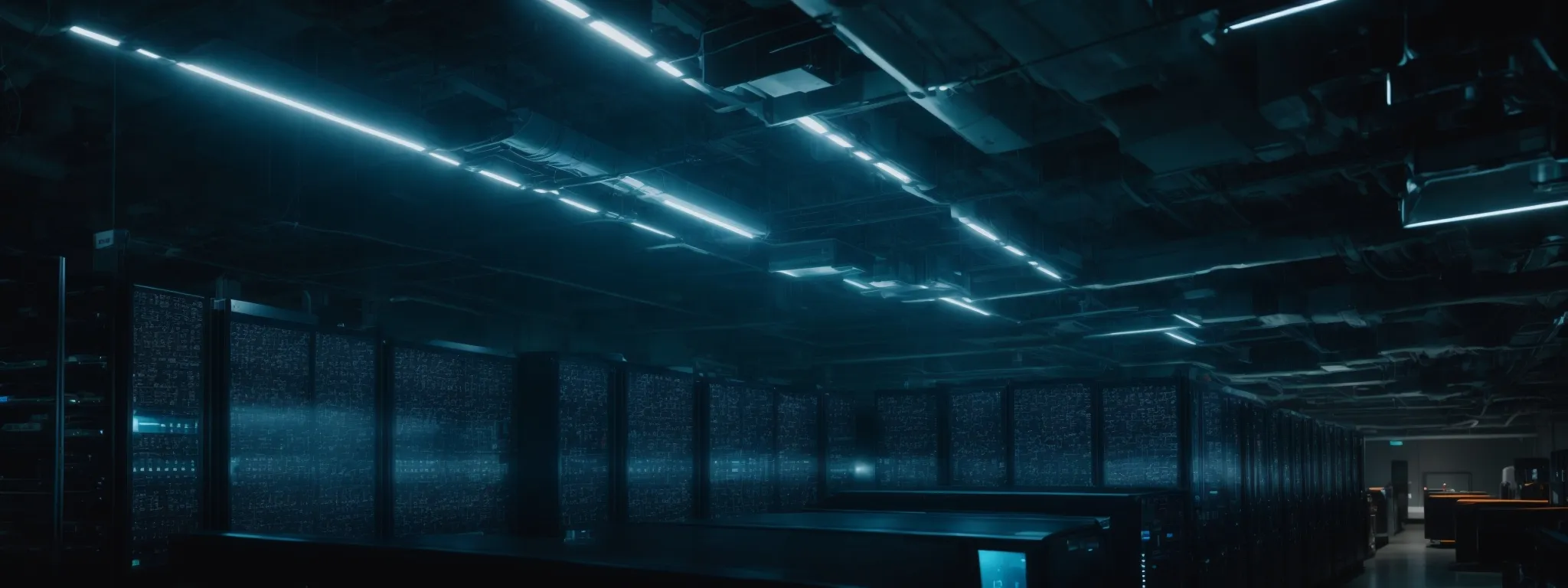 a wide array of futuristic cloud servers illuminating a dark data center.