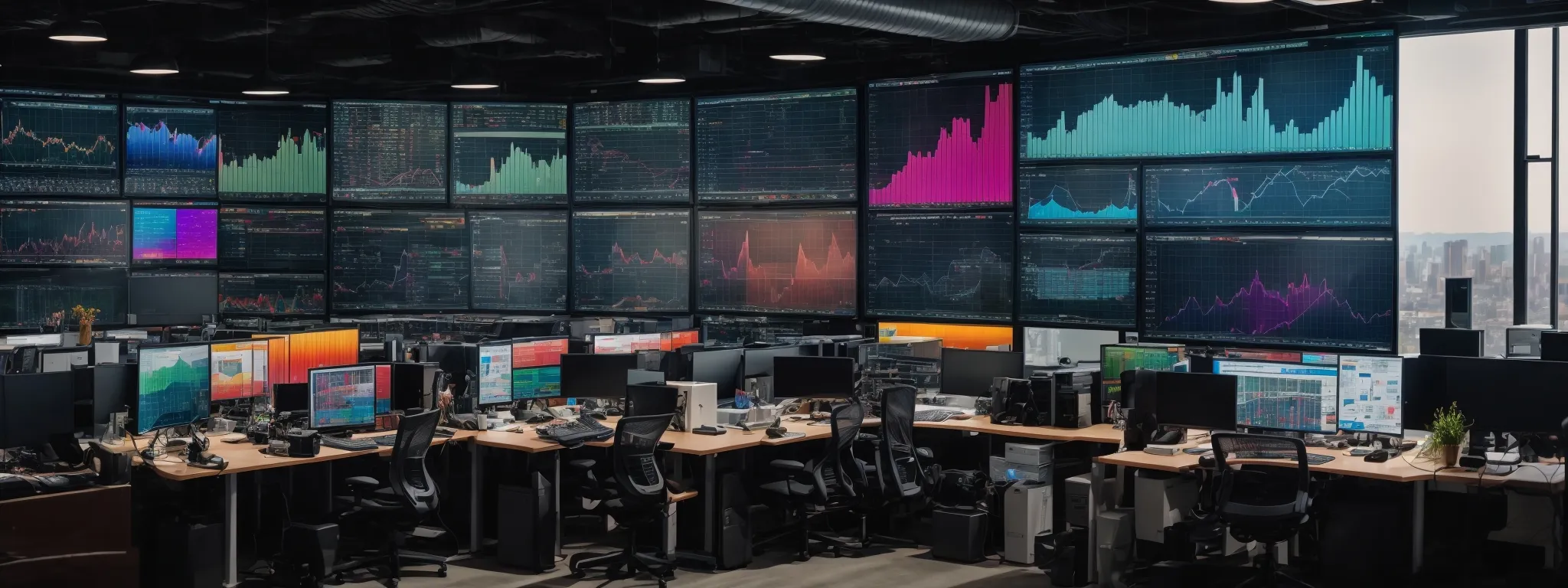 a panoramic view of a bustling digital marketing office with large monitors displaying colorful graphs and analytics dashboards.