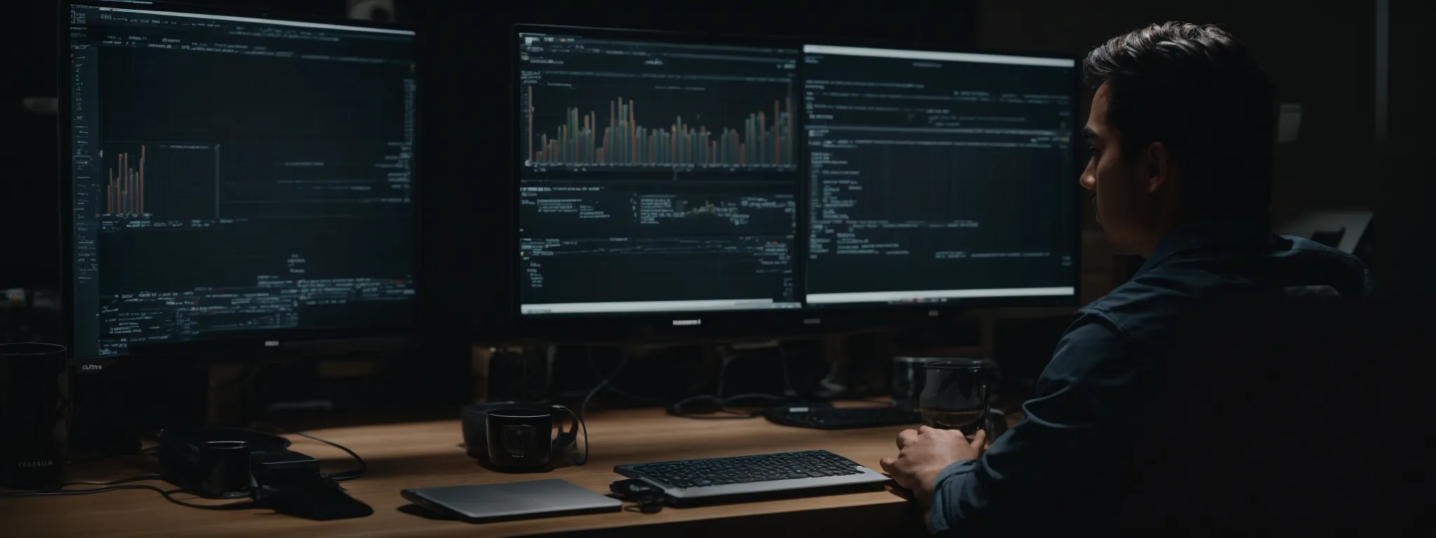 a web developer examines analytics dashboards on a computer screen, reflecting website performance data.