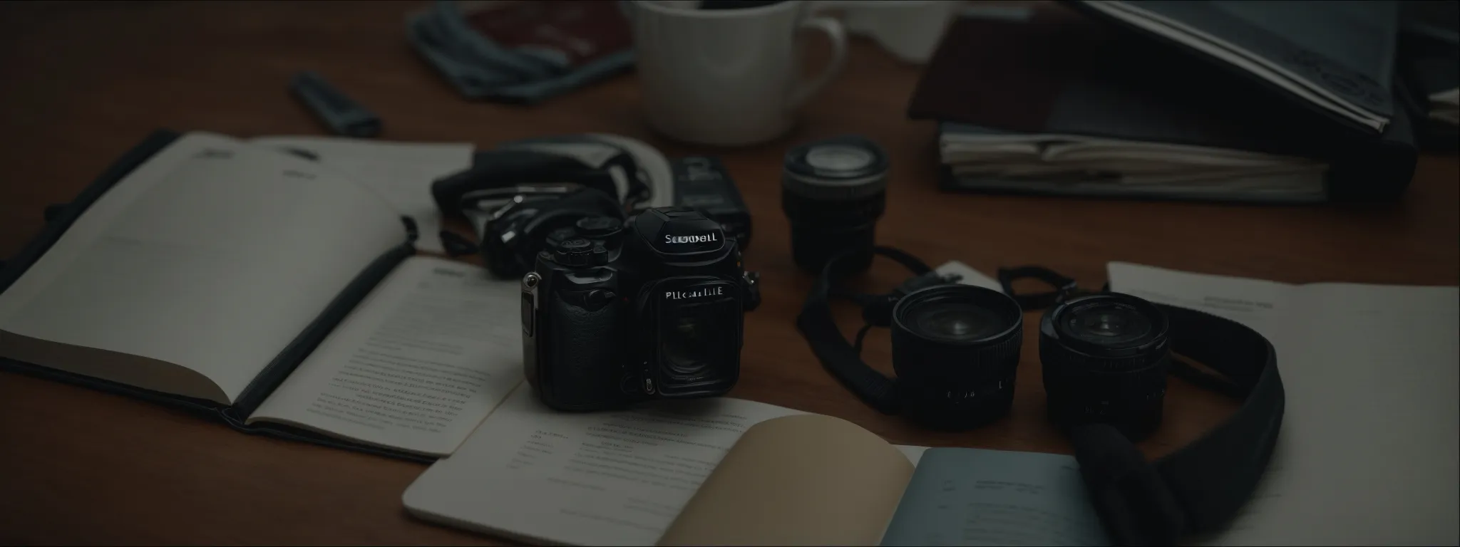 a desktop view with an open blog post on screen, flanked by an seo guidebook and a camera.