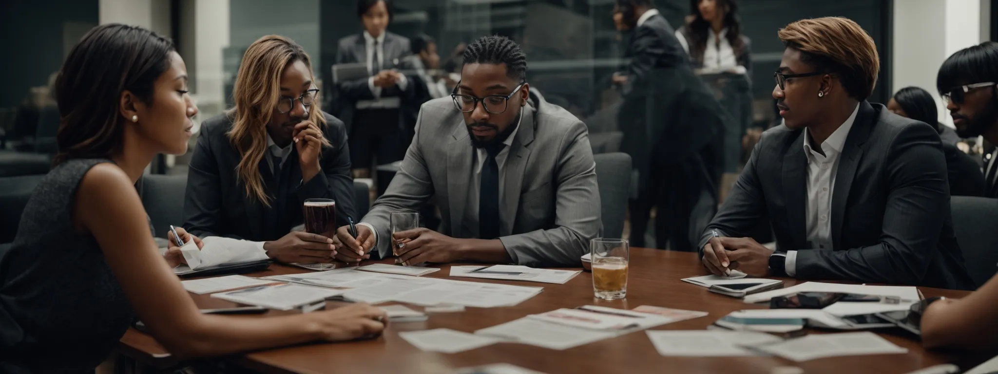 a diverse team of marketers gathers around a conference table, collaboratively strategizing over a large visible digital analytics dashboard.