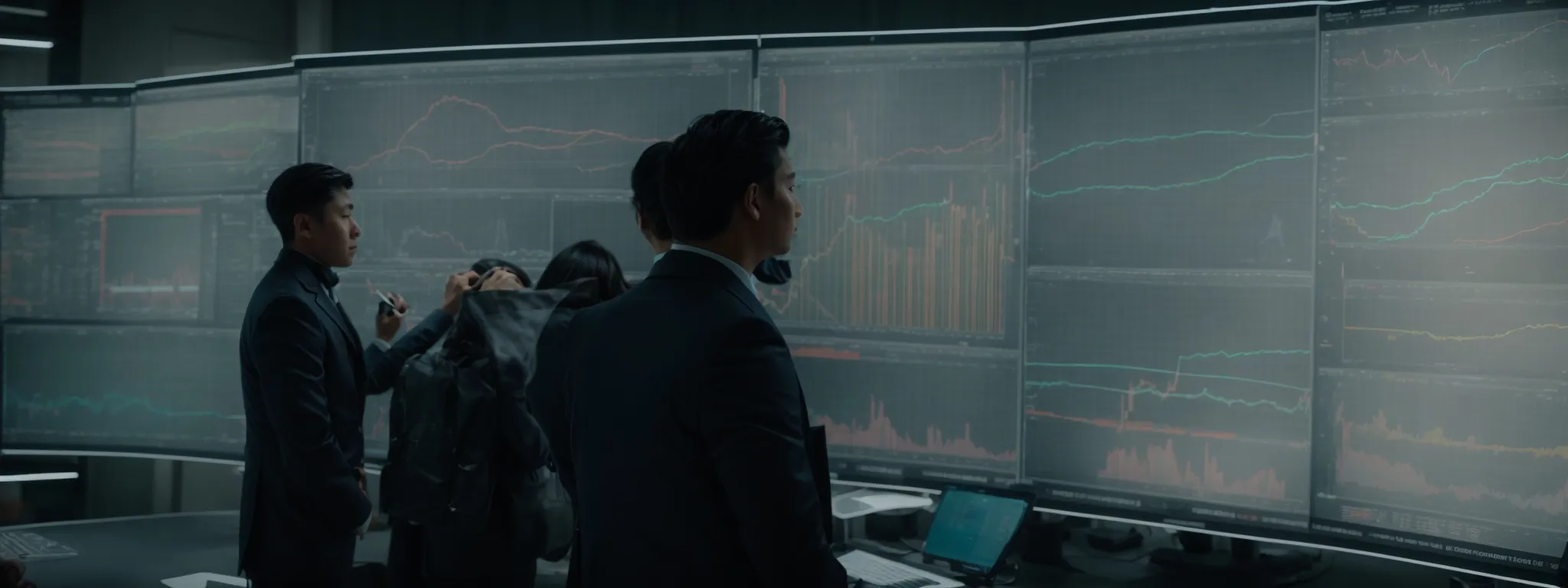 an analytic team examining flowcharts and graph trends on a digital interface.