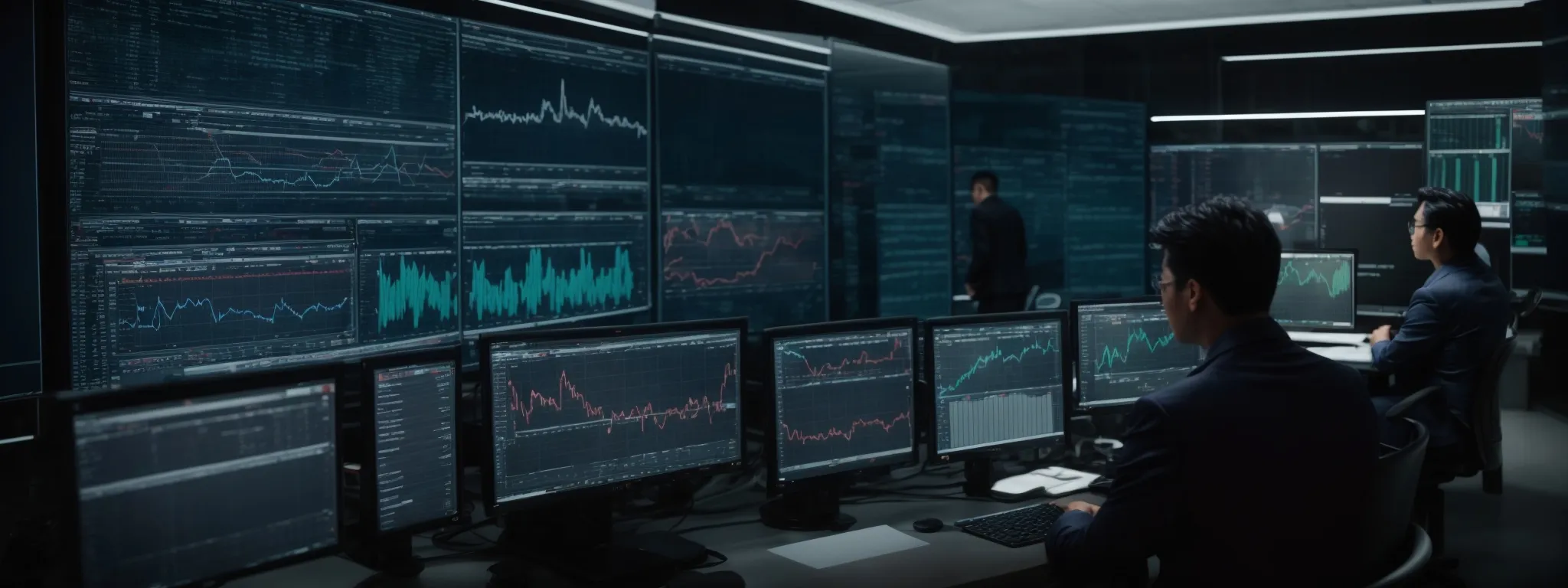 a group of professionals analyzes data on a large computer screen showing market trends and seo performance graphs.