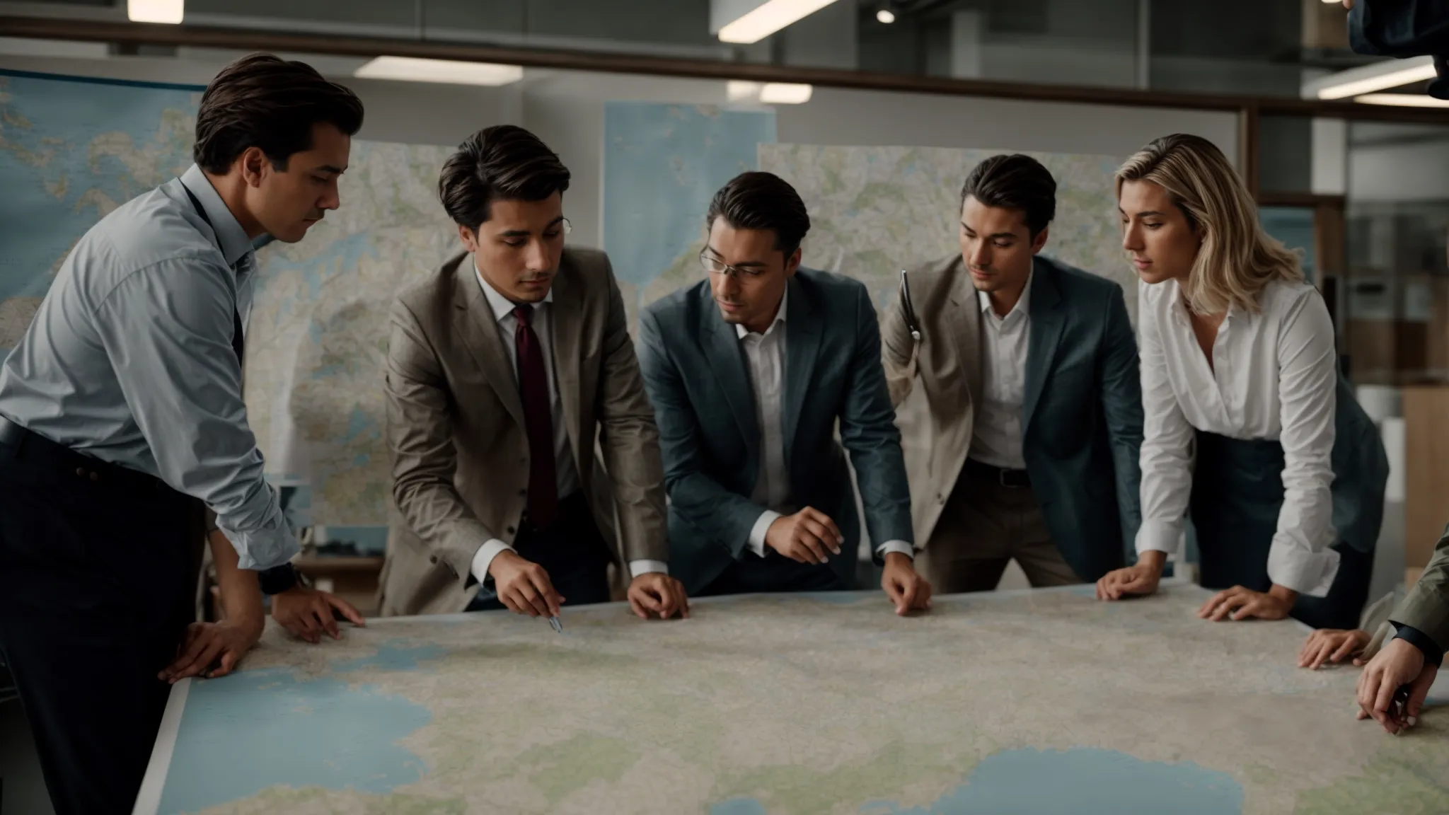 a group of professionals discussing strategies over a large map with pinned locations.
