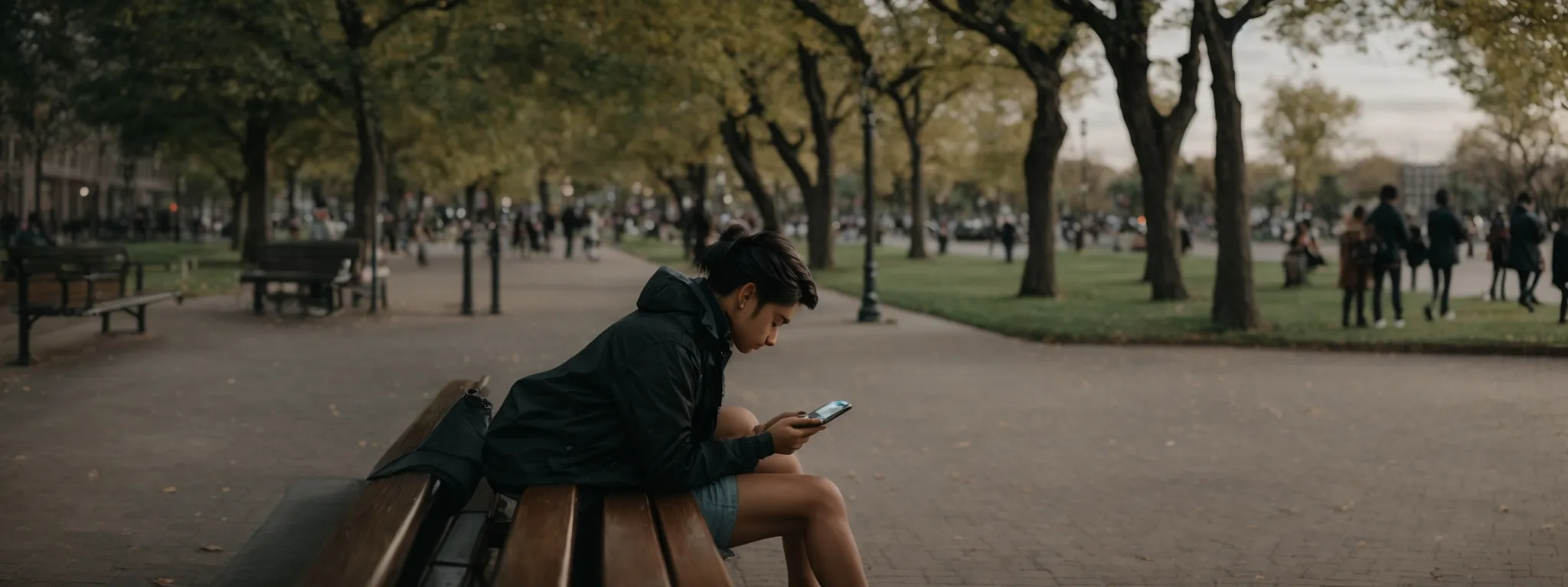 a person sitting on a park bench, deeply engrossed in browsing on a smartphone.