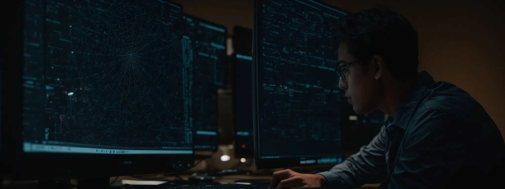a strategist intently studies a computer screen displaying a complex web of network connections.