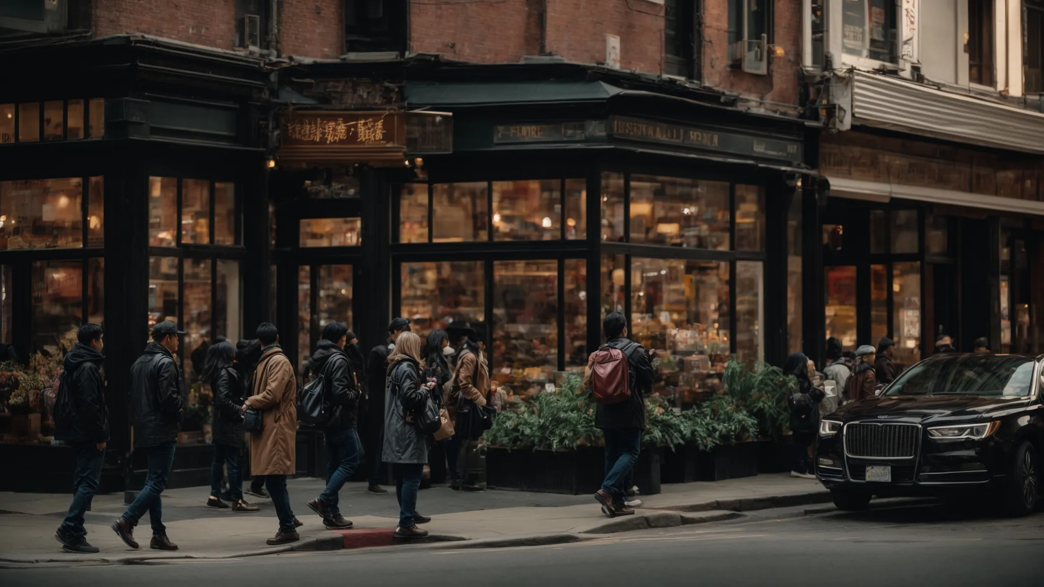 a bustling urban street corner with diverse storefronts and pedestrians interacting with their smartphones.