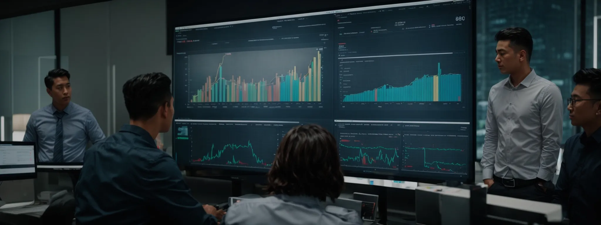 a marketing team reviews a bright, interactive analytics dashboard on a large monitor.