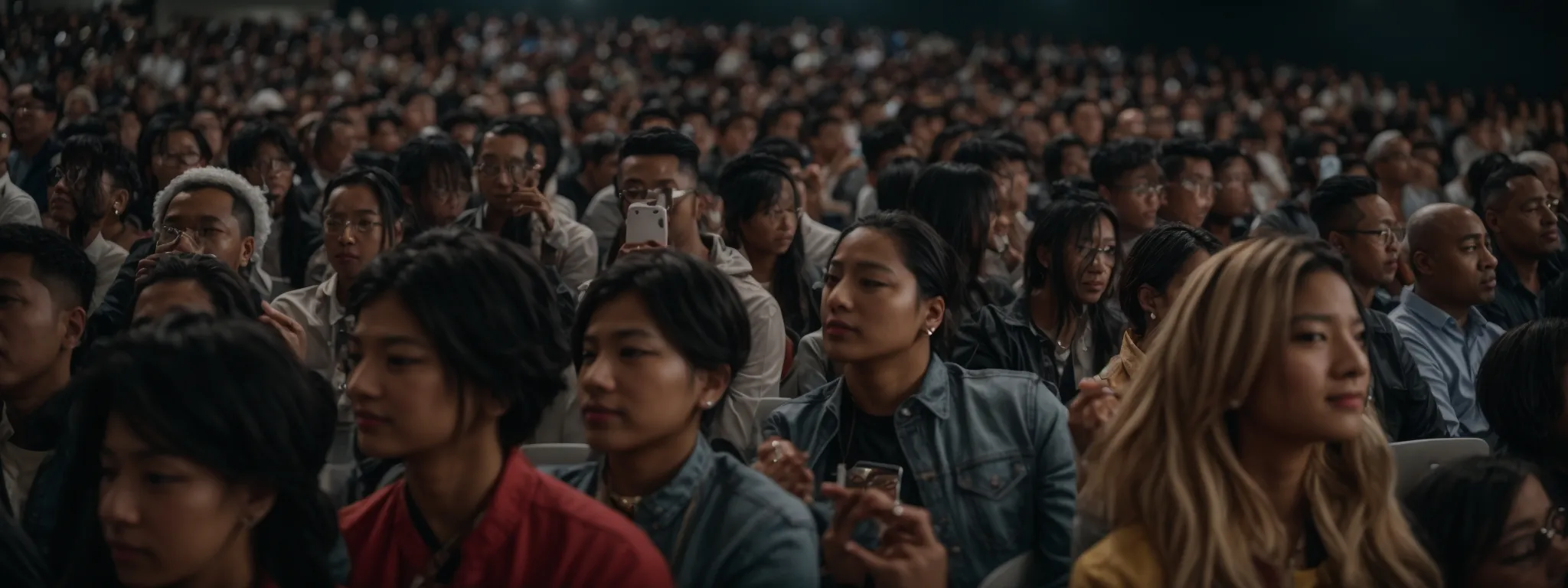 a diverse group of people congregating at a tech conference with a visible speaker gesturing towards an seo presentation.