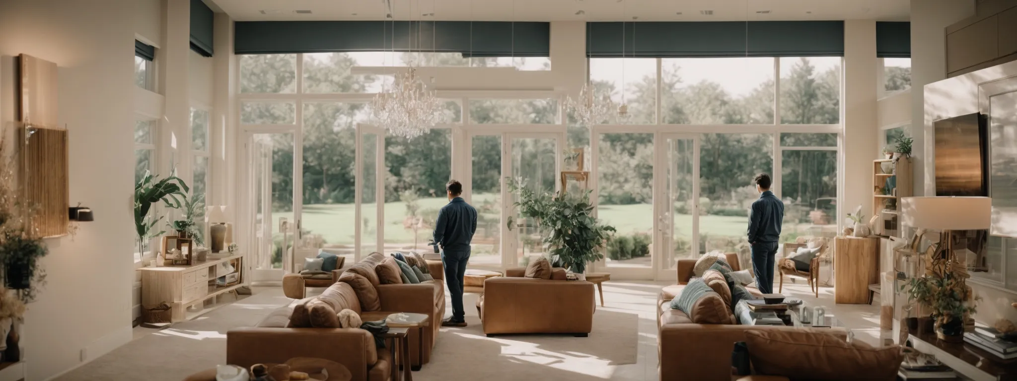 a homeowner stands before an expansive display of elegant windows and doors in a home improvement showroom, thoughtfully contemplating the selection.