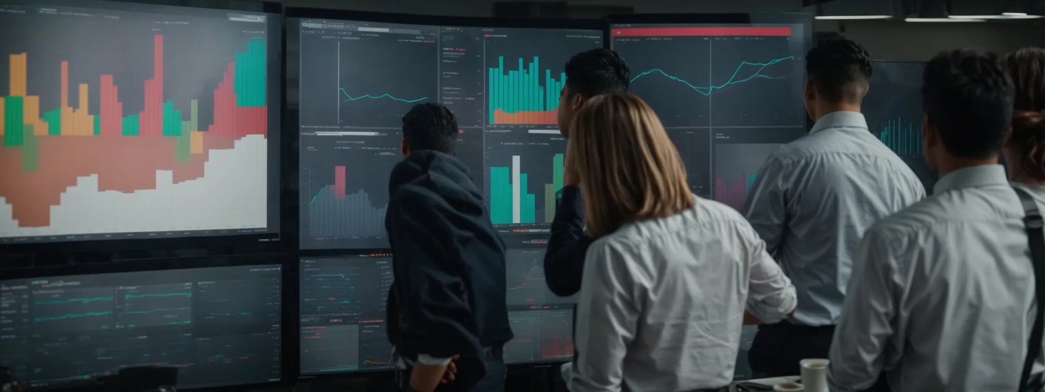 a group of professionals gathered around a large screen displaying colorful graphs and website analytics.