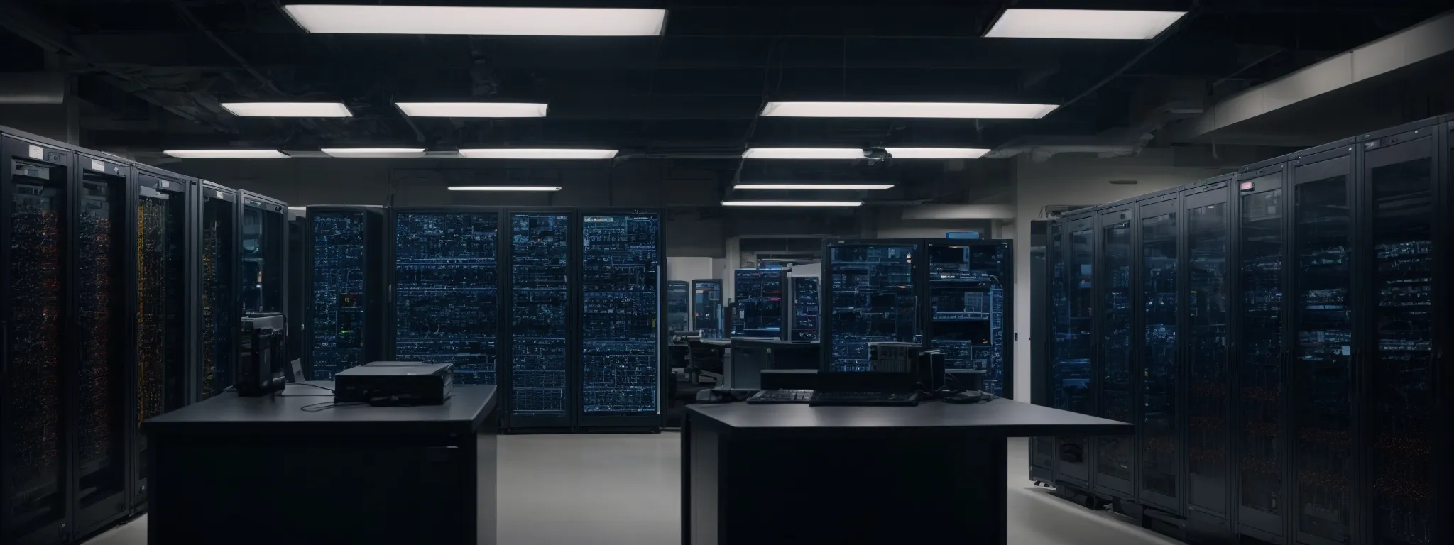 a server room with a network of computers indicating advanced technology infrastructure.