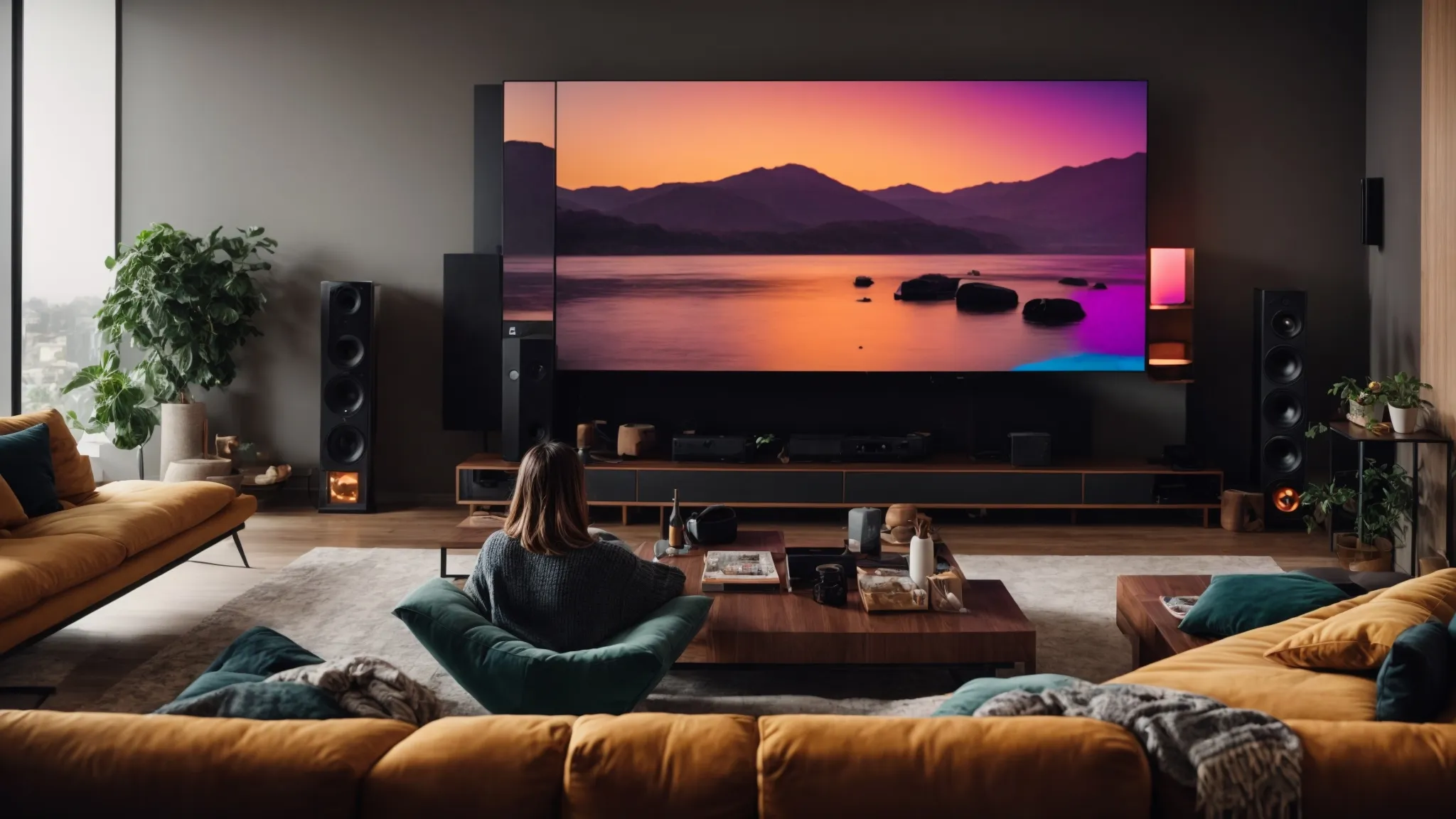 a person relaxes in a modern living room, immersed in a home theater setup with multiple screens displaying vibrant videos.