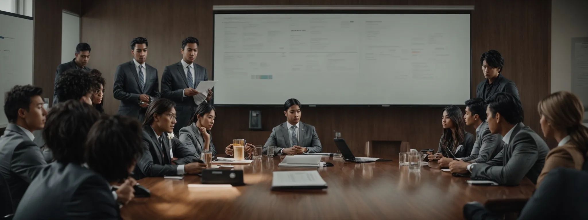 a team gathers around a conference table, intently discussing a strategy chart outlining steps for improving website seo.