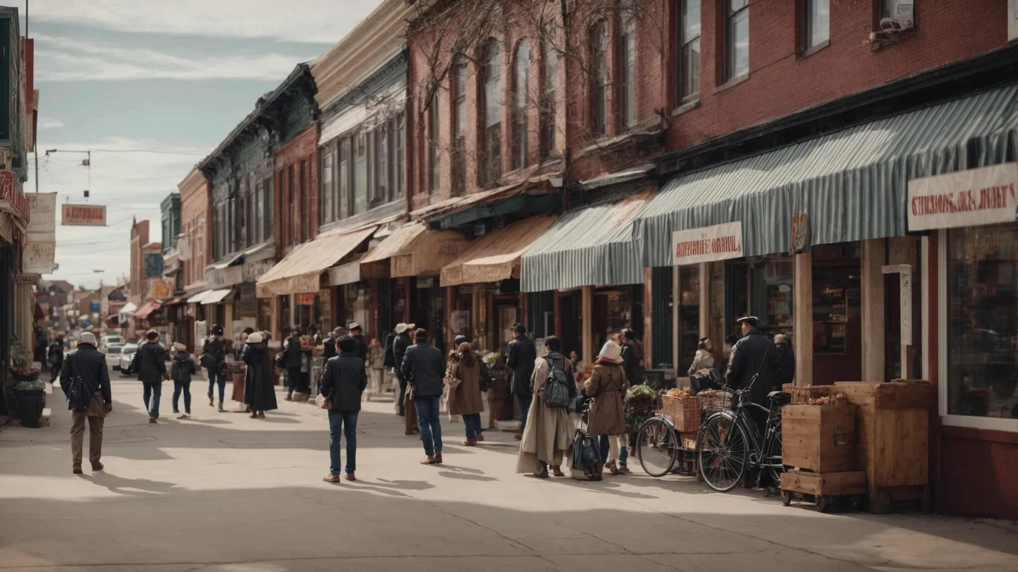 a bustling small-town business district with storefronts and people interacting.